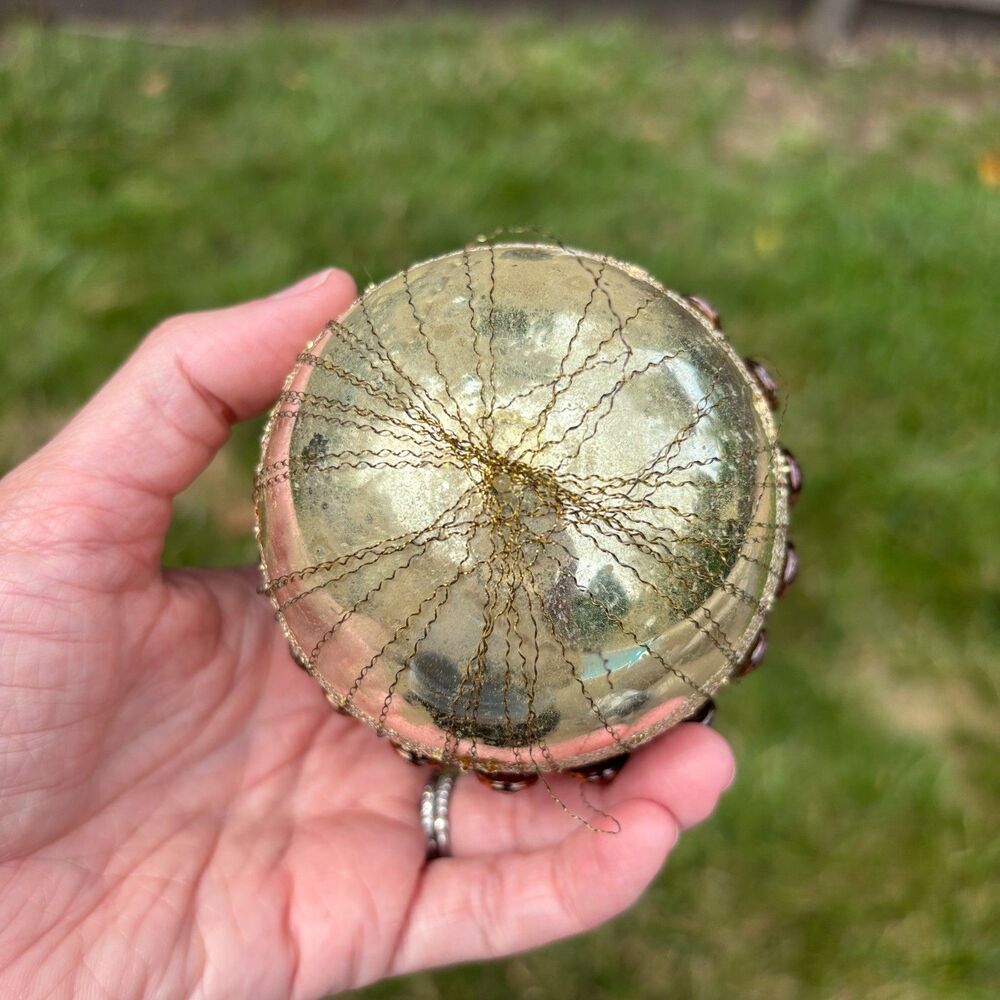 Vtg West Germany Mercury Glass Christmas Ornament Crinkle Wire Wrapped Beaded - Picture 4 of 7